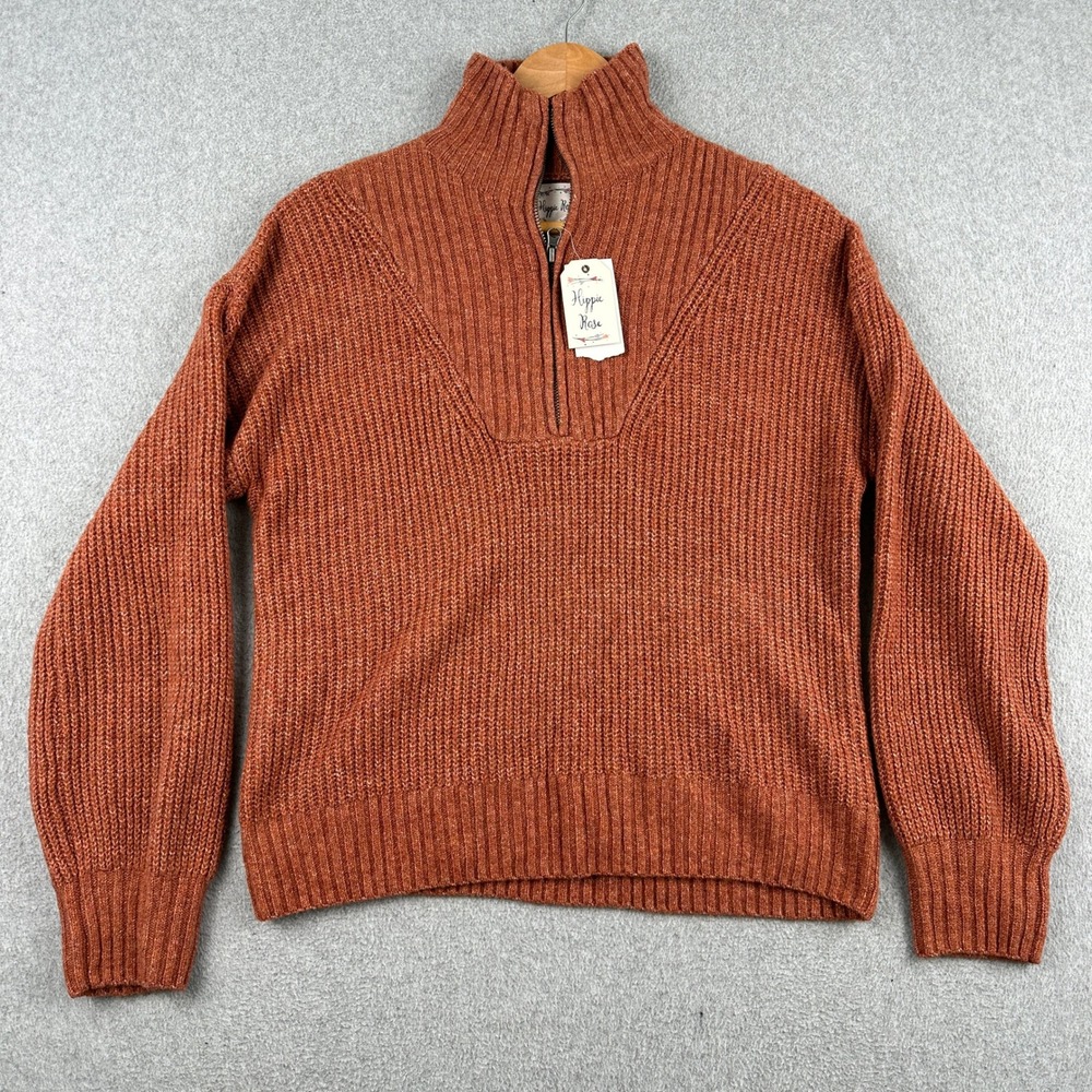 Hippie Rose Sweater Women Large Rust HF1S24265 Quarter Zip Ribbed Pullover NWT